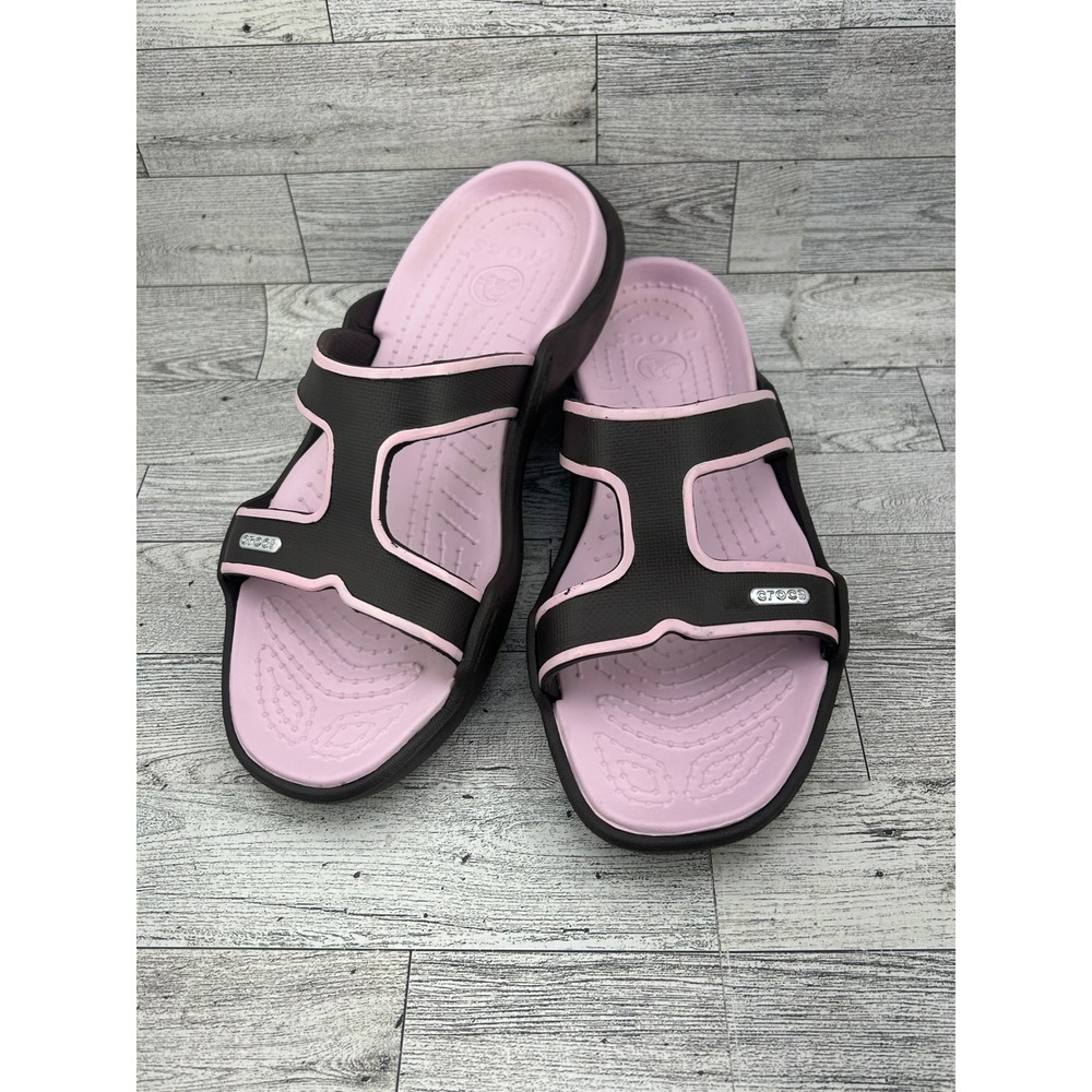 Crocs Women Slide Sandals Brown Pink Dual‎ Strap Slip On Shoes Size 11